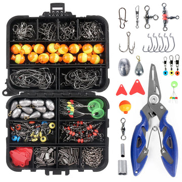 263pcs Fishing Accessories Set with Tackle Box Including Plier Jig Hooks Sinker Weight Swivels Snaps Sinker Slides