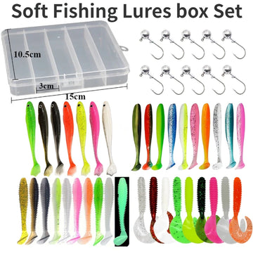 Soft Fishing Lures Box Set 20pcs Silicone Bait 10pcs Lead Head Hook with Transparent Fish Box Artificial Swimbait Fishing Tackle